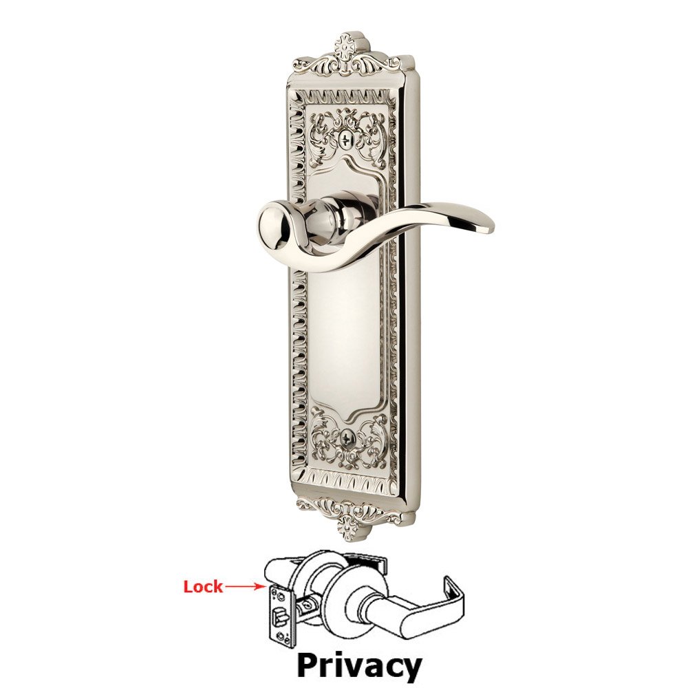 Privacy Windsor Plate with Right Handed Bellagio Lever in Polished Nickel