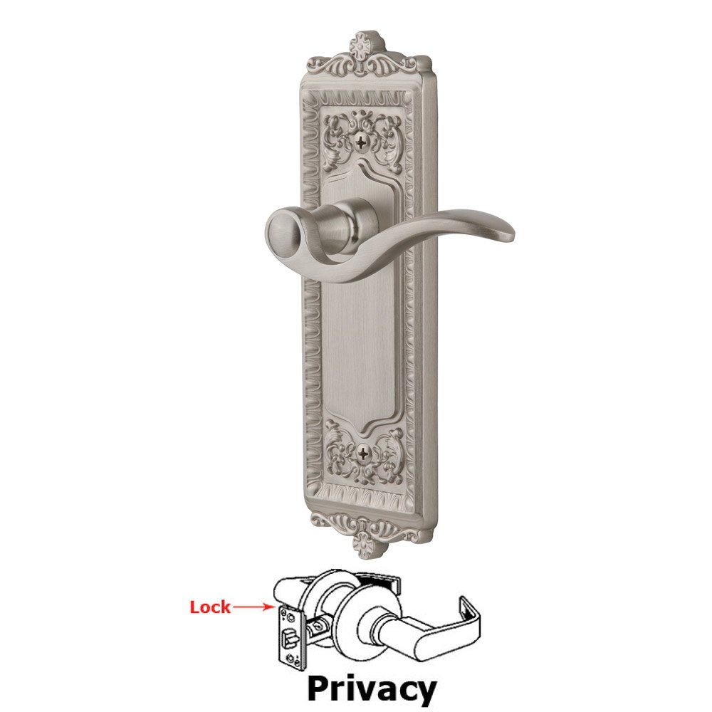 Privacy Windsor Plate with Right Handed Bellagio Lever in Satin Nickel