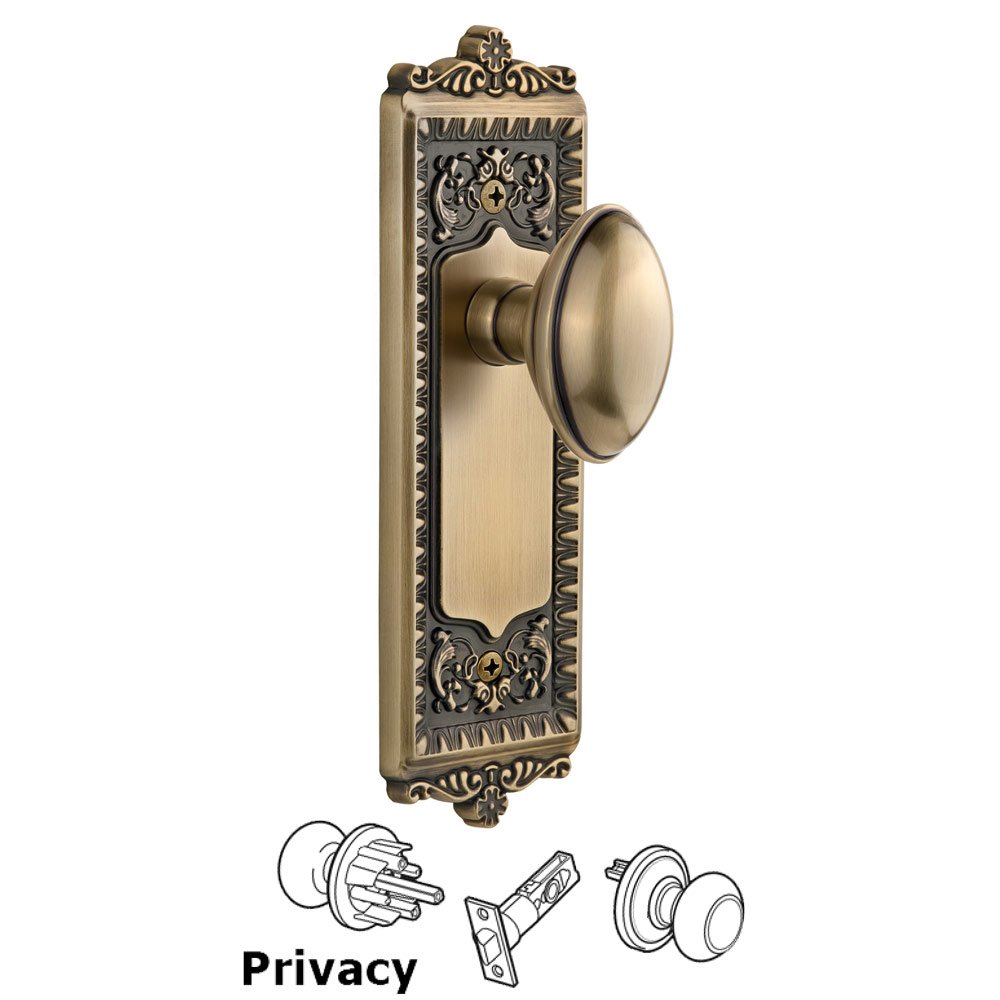 Windsor Plate Privacy with Eden Prairie knob in Vintage Brass