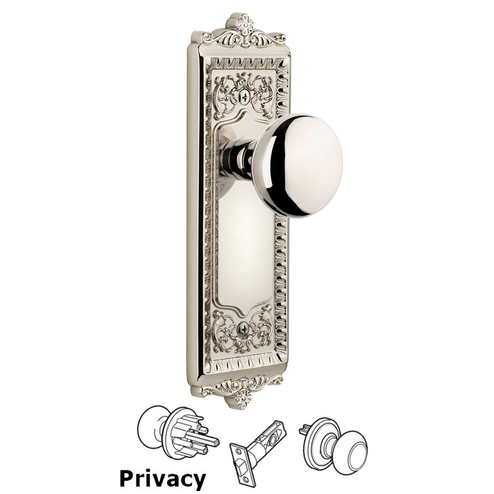 Windsor Plate Privacy with Fifth Avenue knob in Polished Nickel