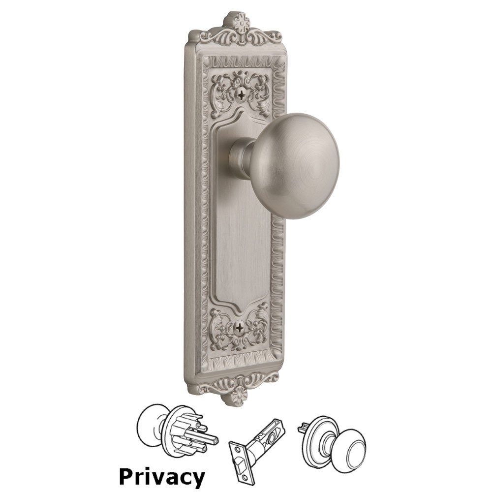 Windsor Plate Privacy with Fifth Avenue knob in Satin Nickel