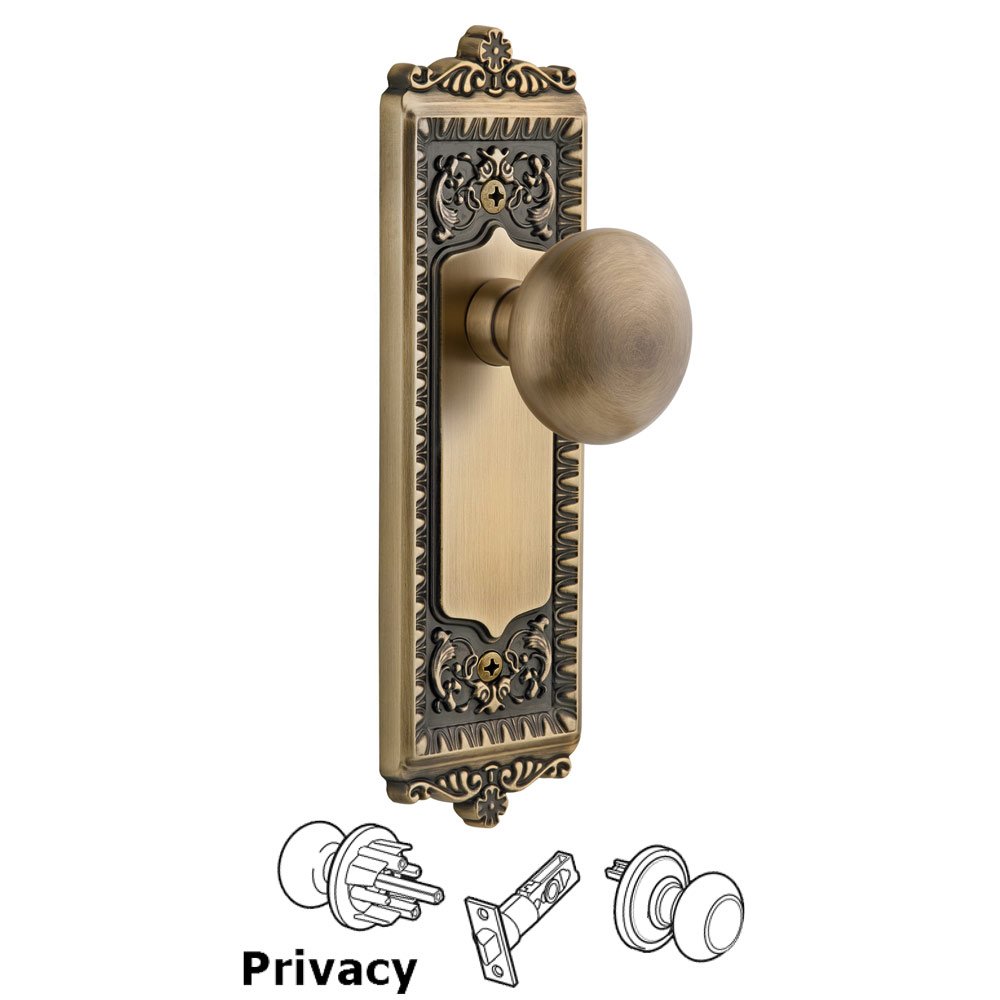 Windsor Plate Privacy with Fifth Avenue knob in Vintage Brass