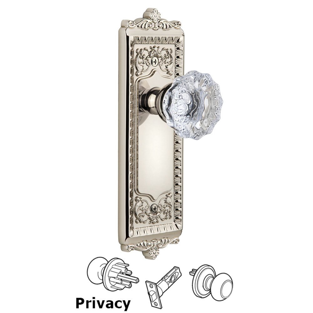 Windsor Plate Privacy with Fontainebleau knob in Polished Nickel