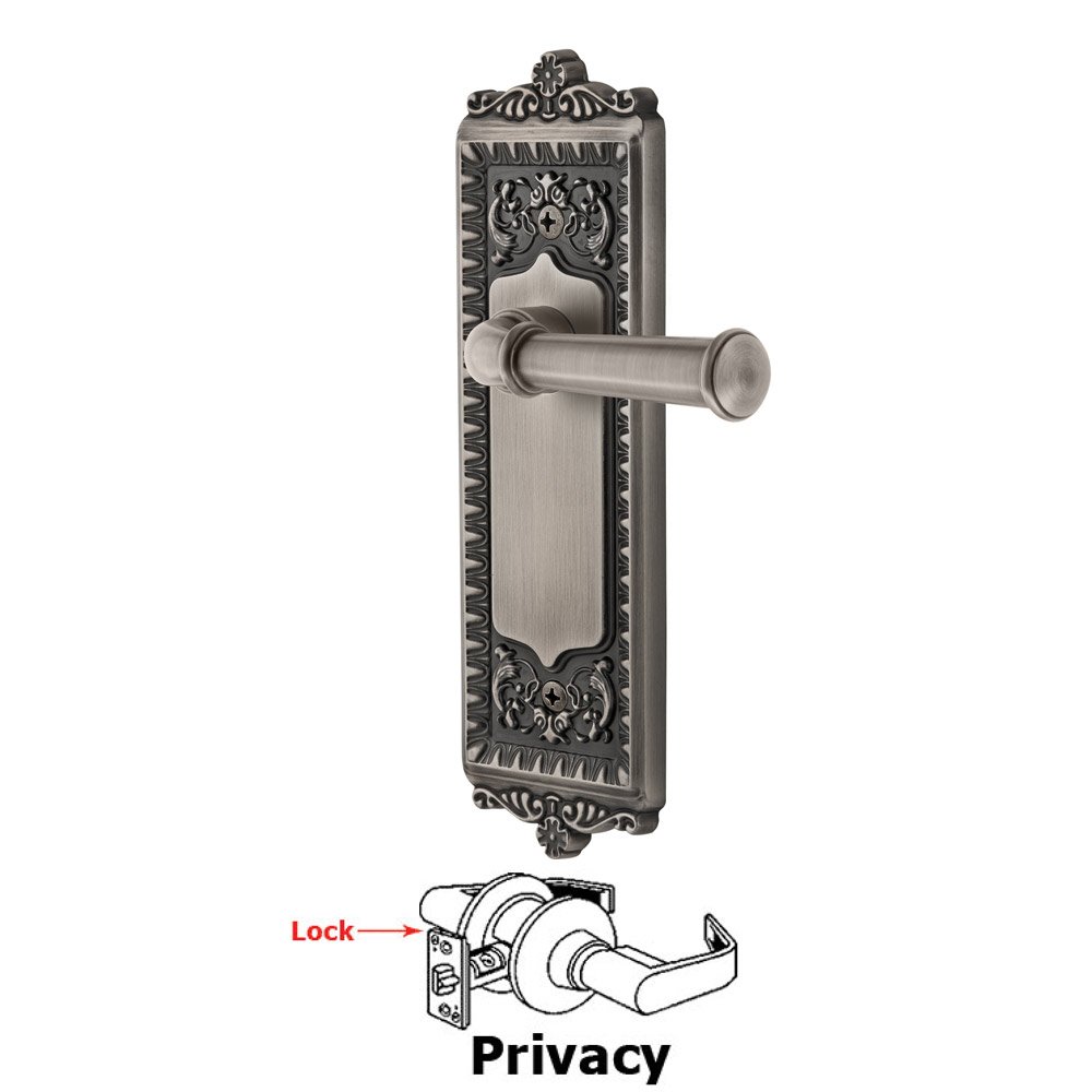 Privacy Windsor Plate with Right Handed Georgetown Lever in Antique Pewter