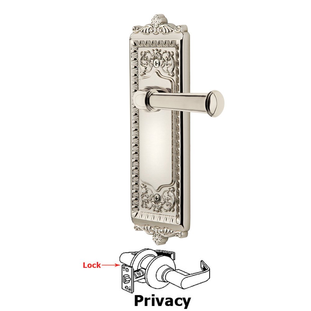 Privacy Windsor Plate with Right Handed Georgetown Lever in Polished Nickel