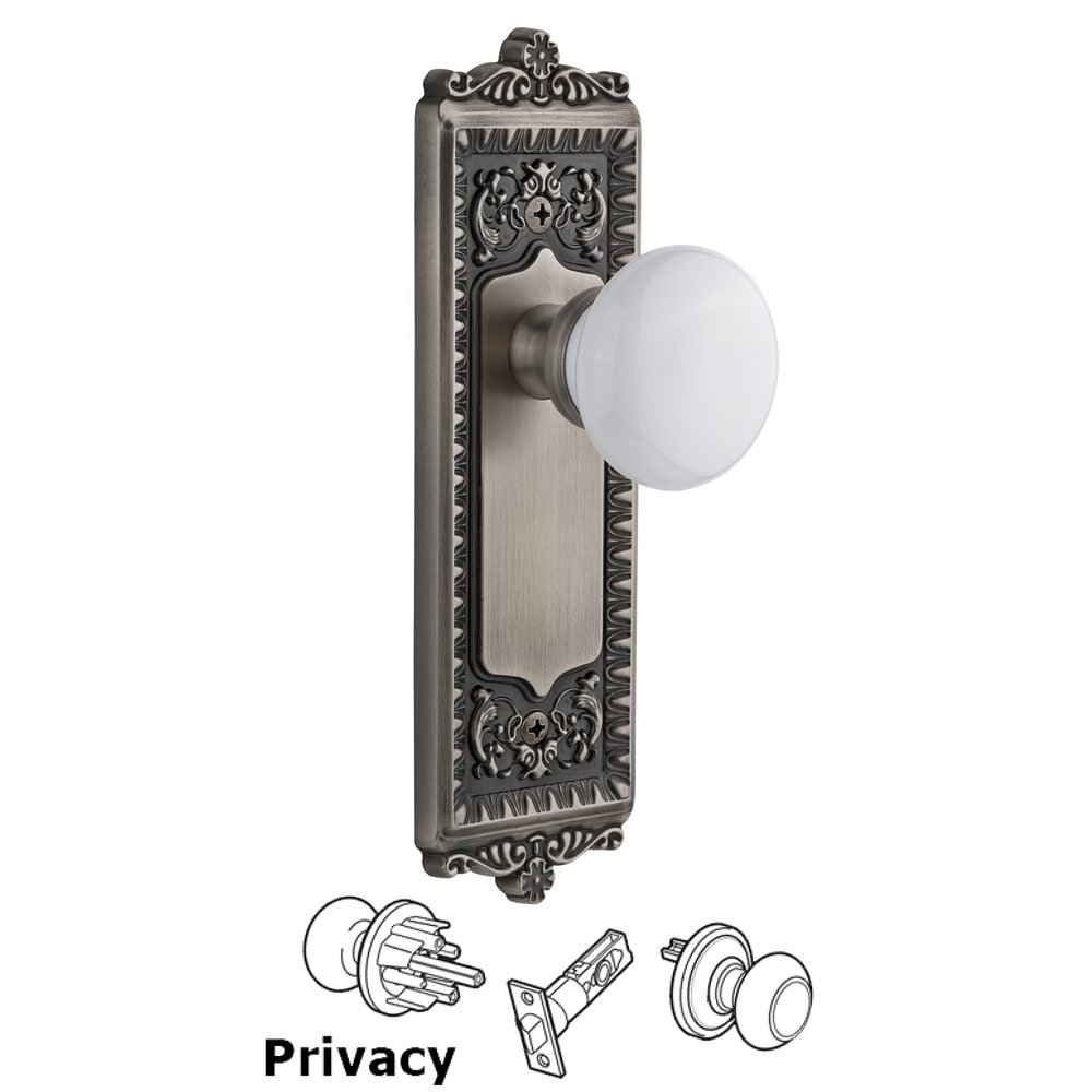 Windsor Plate Privacy with Hyde Park White Porcelain Knob in Antique Pewter