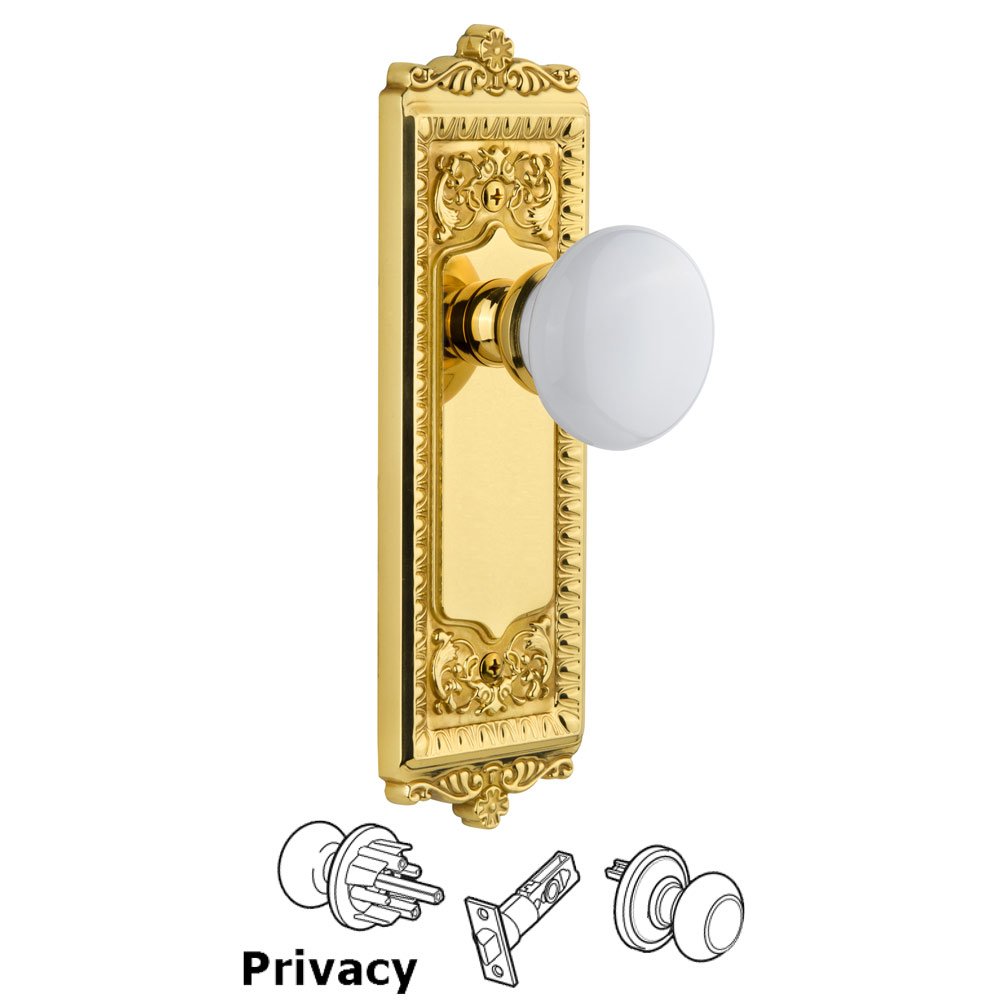 Windsor Plate Privacy with Hyde Park White Porcelain Knob in Lifetime Brass