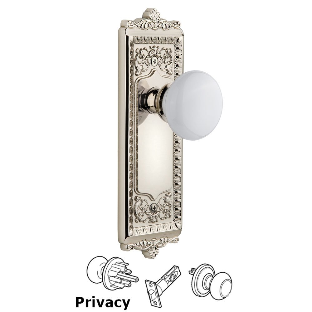 Windsor Plate Privacy with Hyde Park White Porcelain Knob in Polished Nickel
