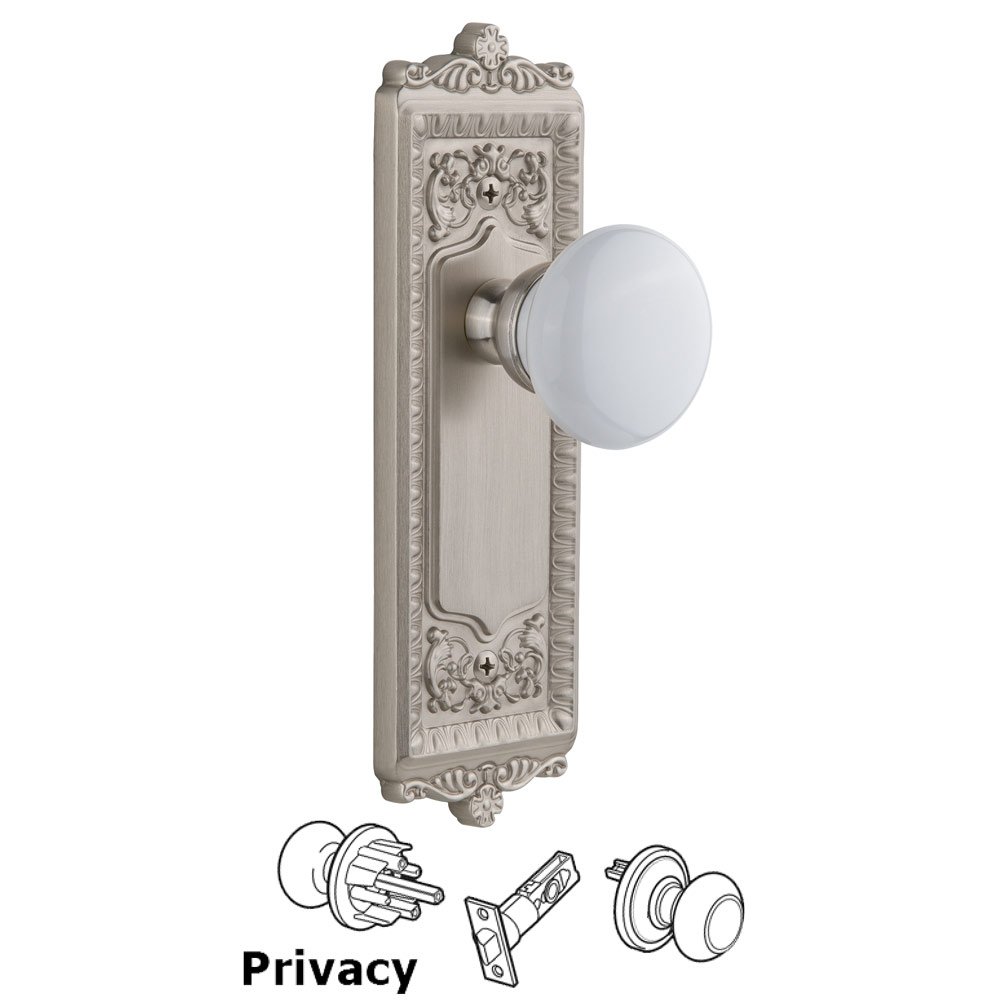 Windsor Plate Privacy with Hyde Park White Porcelain Knob in Satin Nickel
