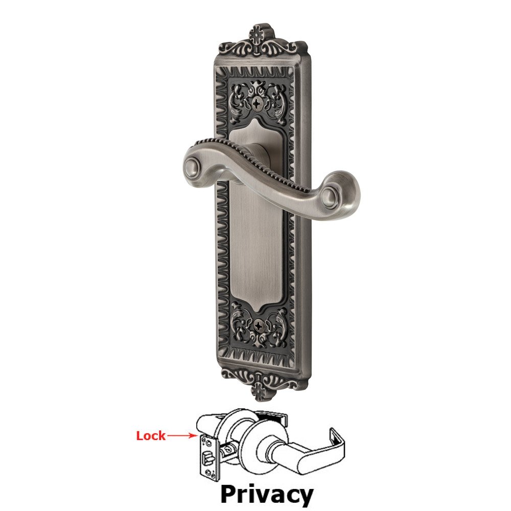 Privacy Windsor Plate with Right Handed Newport Lever in Antique Pewter