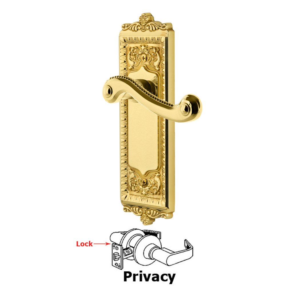 Privacy Windsor Plate with Right Handed Newport Lever in Lifetime Brass