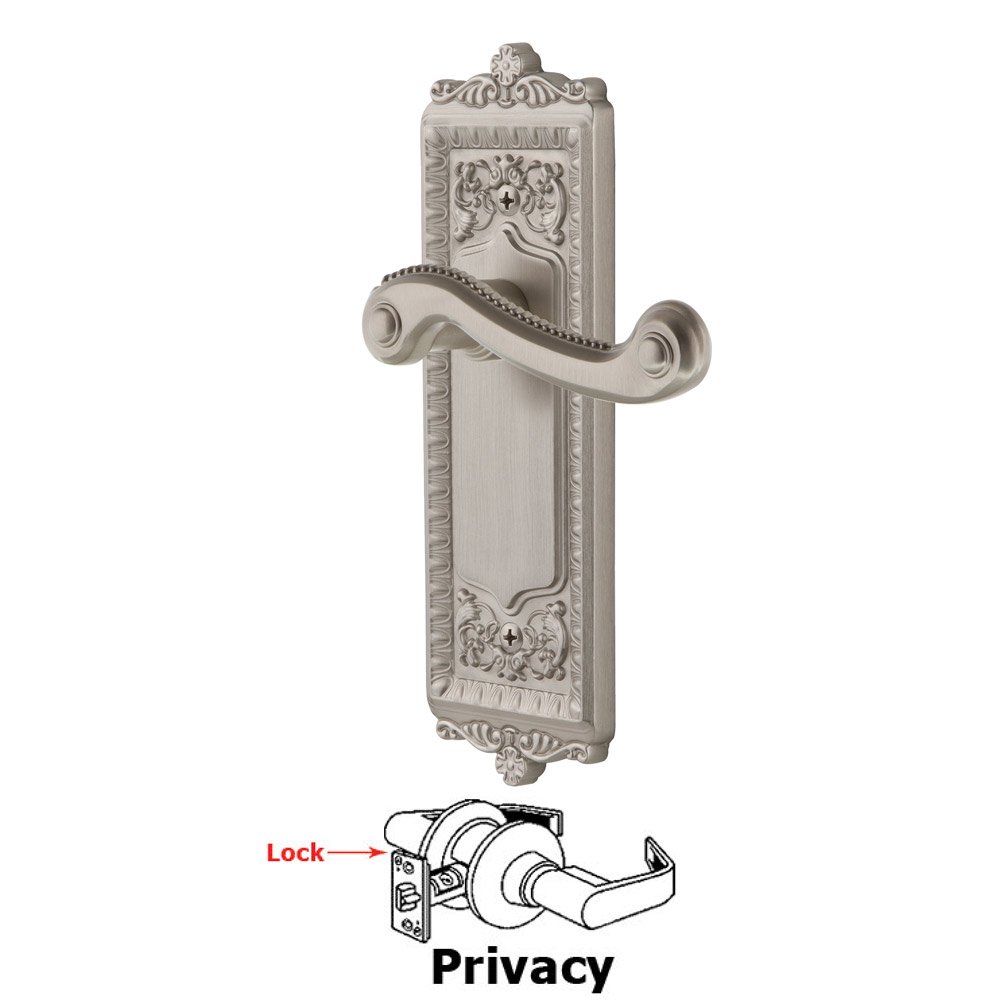Privacy Windsor Plate with Right Handed Newport Lever in Satin Nickel