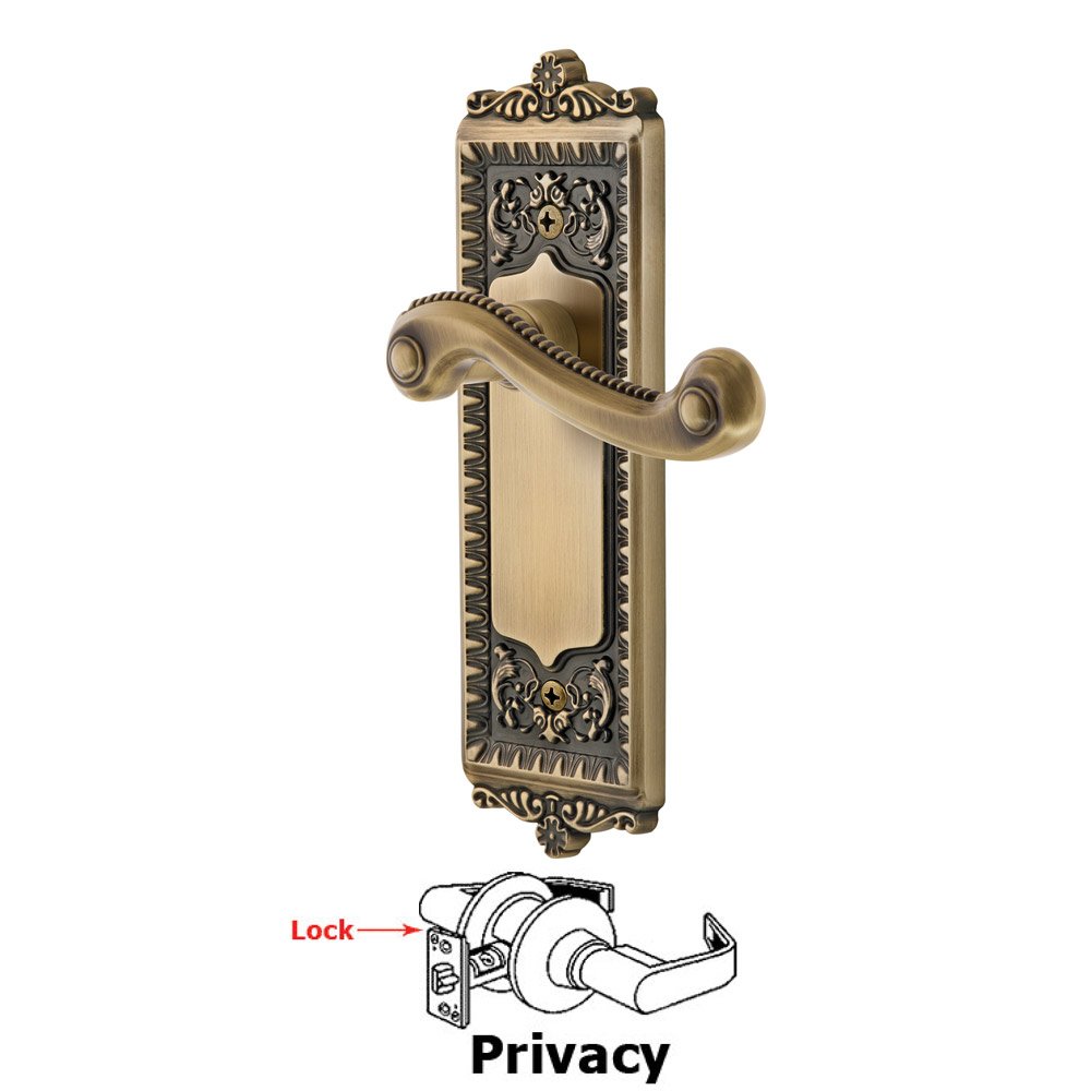 Privacy Windsor Plate with Right Handed Newport Lever in Vintage Brass