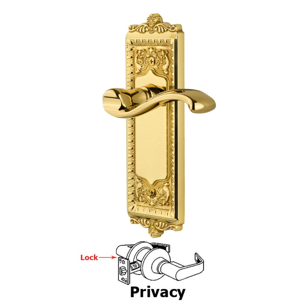 Privacy Windsor Plate with Right Handed Portofino Lever in Polished Brass