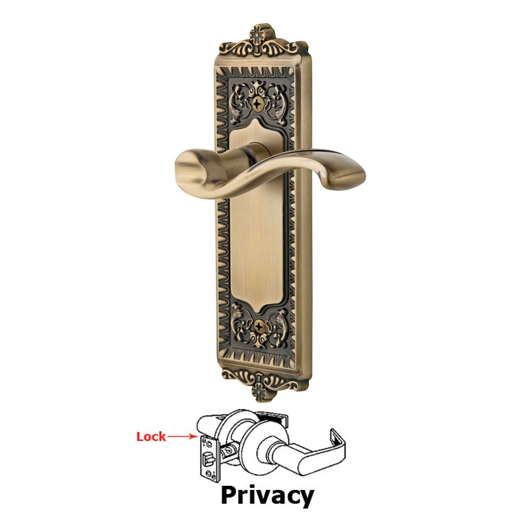 Privacy Windsor Plate with Right Handed Portofino Lever in Vintage Brass