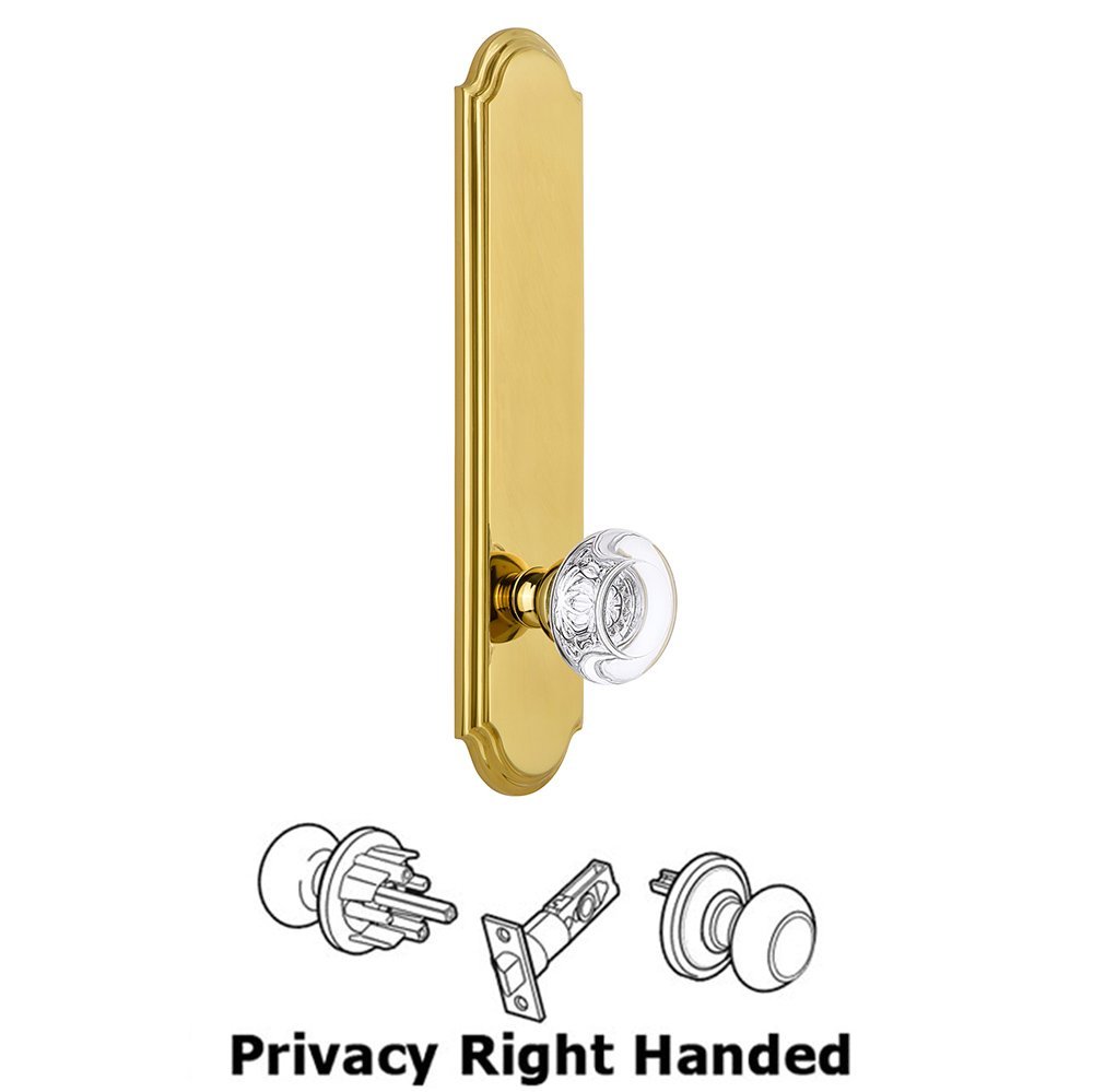 Tall Plate Privacy with Bordeaux Right Handed Knob in Lifetime Brass