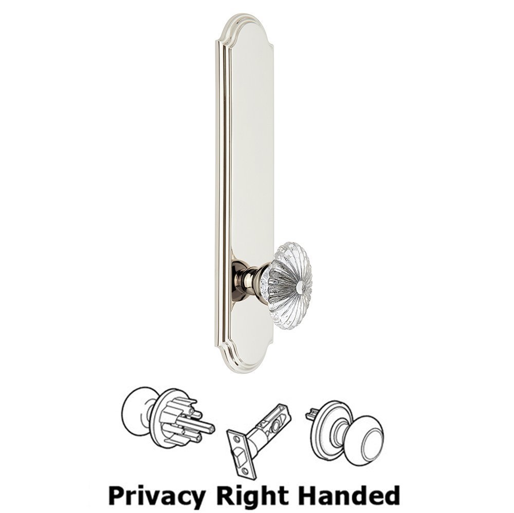 Tall Plate Privacy with Burgundy Right Handed Knob in Polished Nickel
