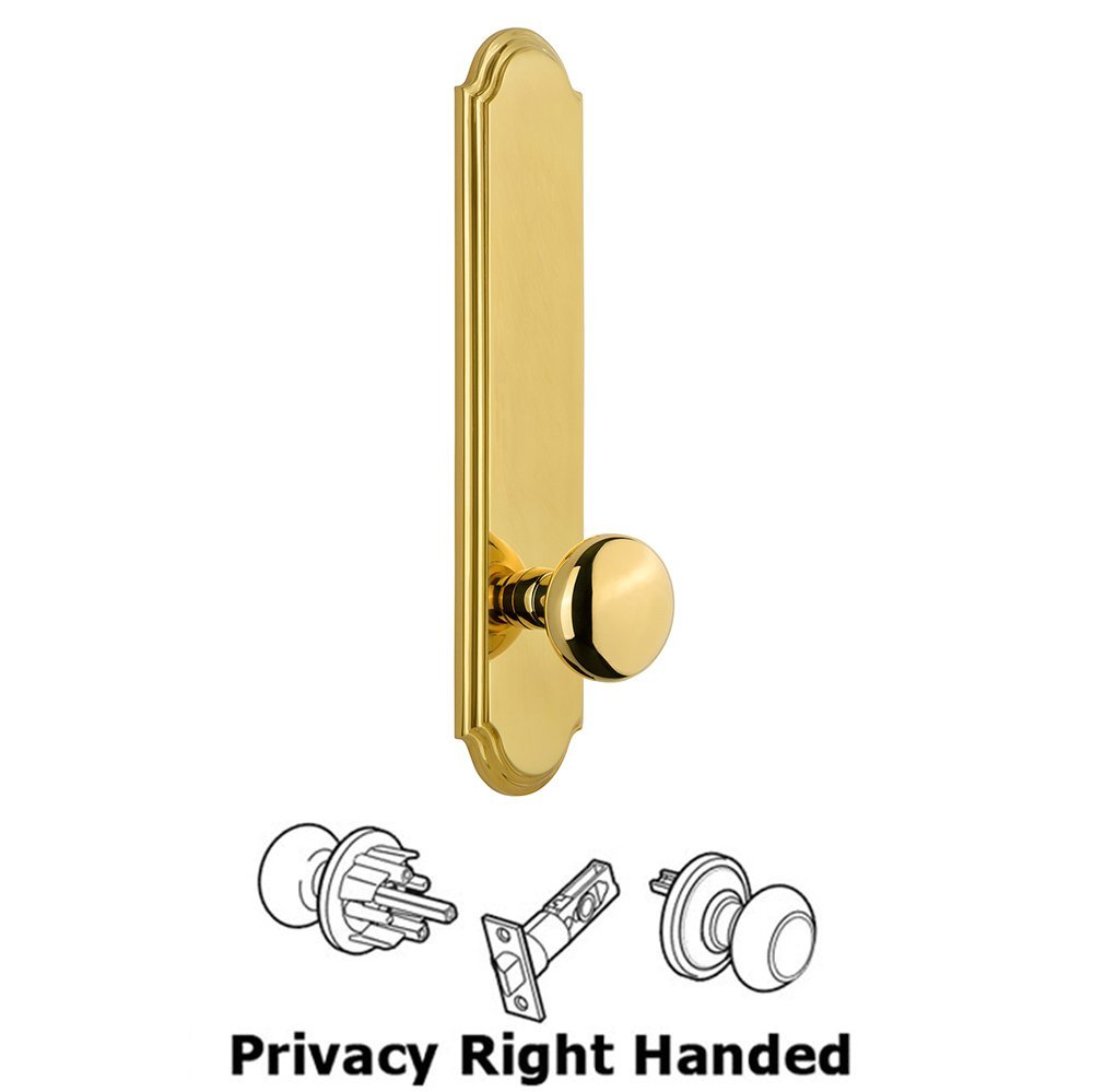 Tall Plate Privacy with Fifth Avenue Right Handed Knob in Polished Brass