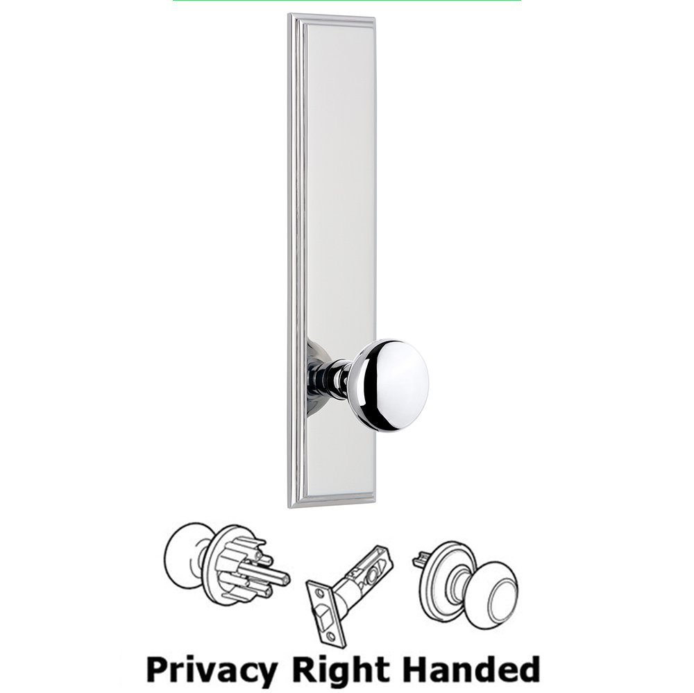 Privacy Carre Tall Plate with Fifth Avenue Right Handed Knob in Bright Chrome