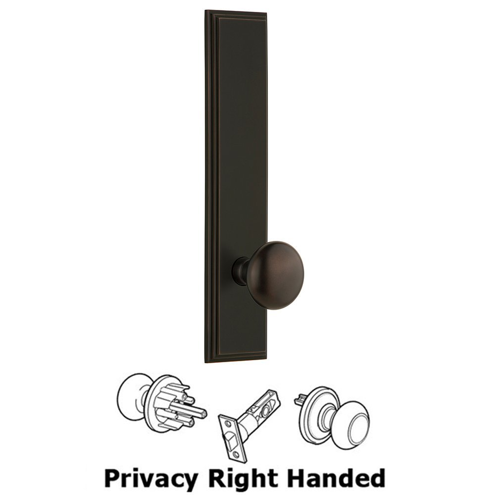 Privacy Carre Tall Plate with Fifth Avenue Right Handed Knob in Timeless Bronze