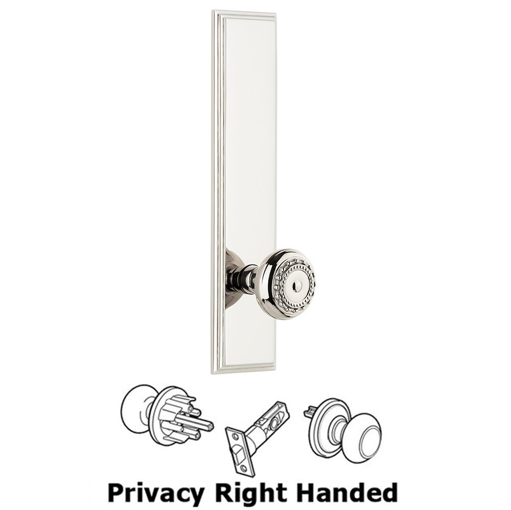 Privacy Carre Tall Plate with Parthenon Right Handed Knob in Polished Nickel