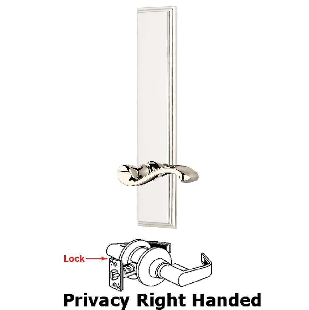 Privacy Carre Tall Plate with Portofino Right Handed Lever in Polished Nickel