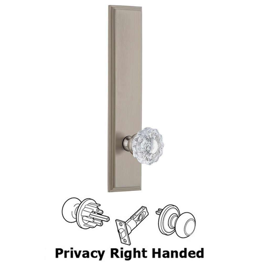 Privacy Carre Tall Plate with Versailles Right Handed Knob in Satin Nickel