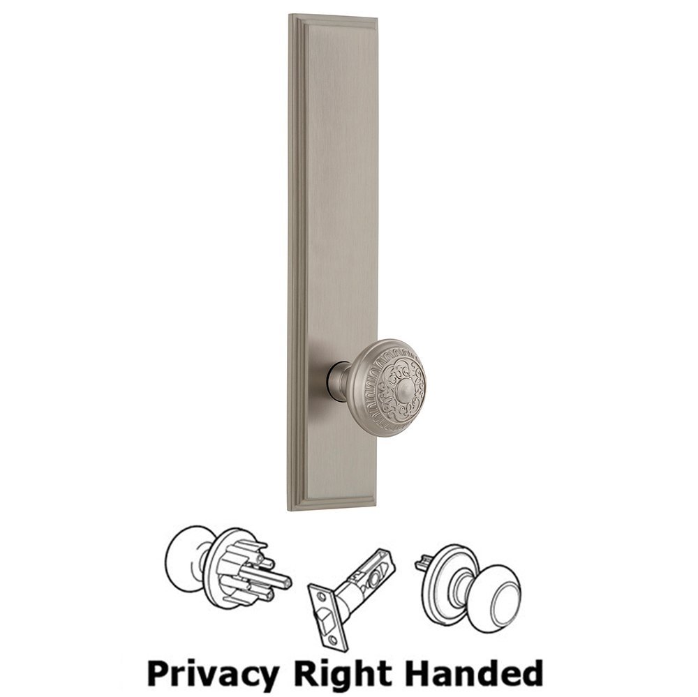 Privacy Carre Tall Plate with Windsor Right Handed Knob in Satin Nickel