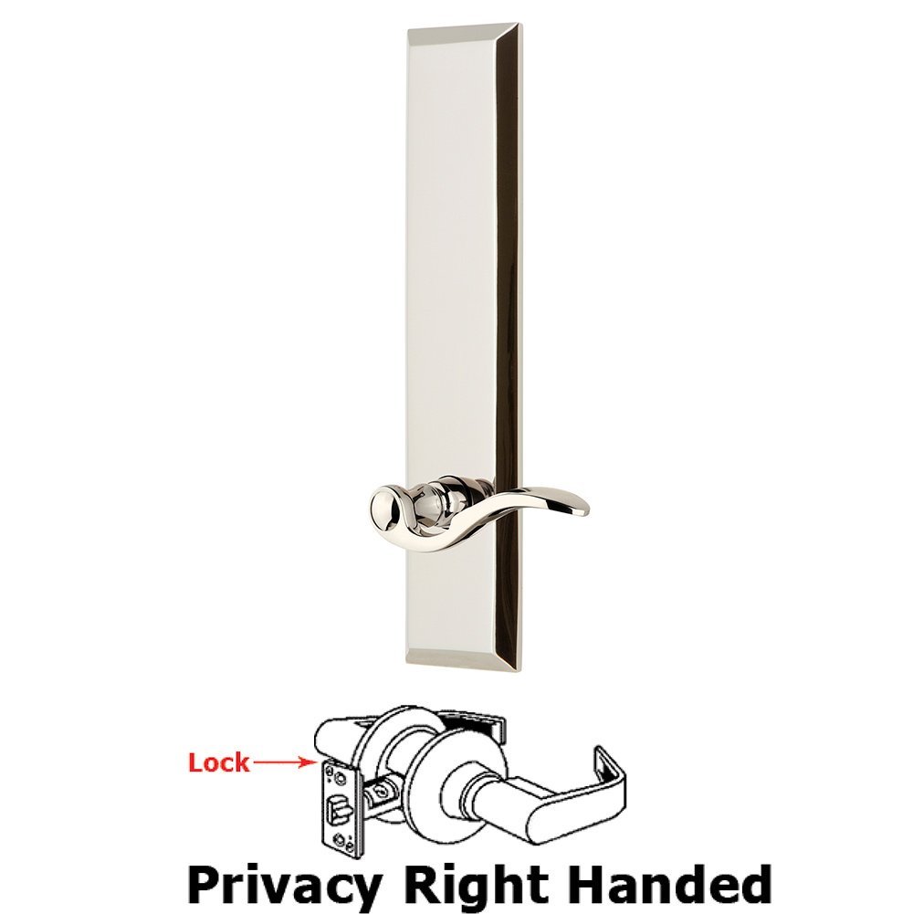 Privacy Fifth Avenue Tall Plate with Bellagio Right Handed Lever in Polished Nickel