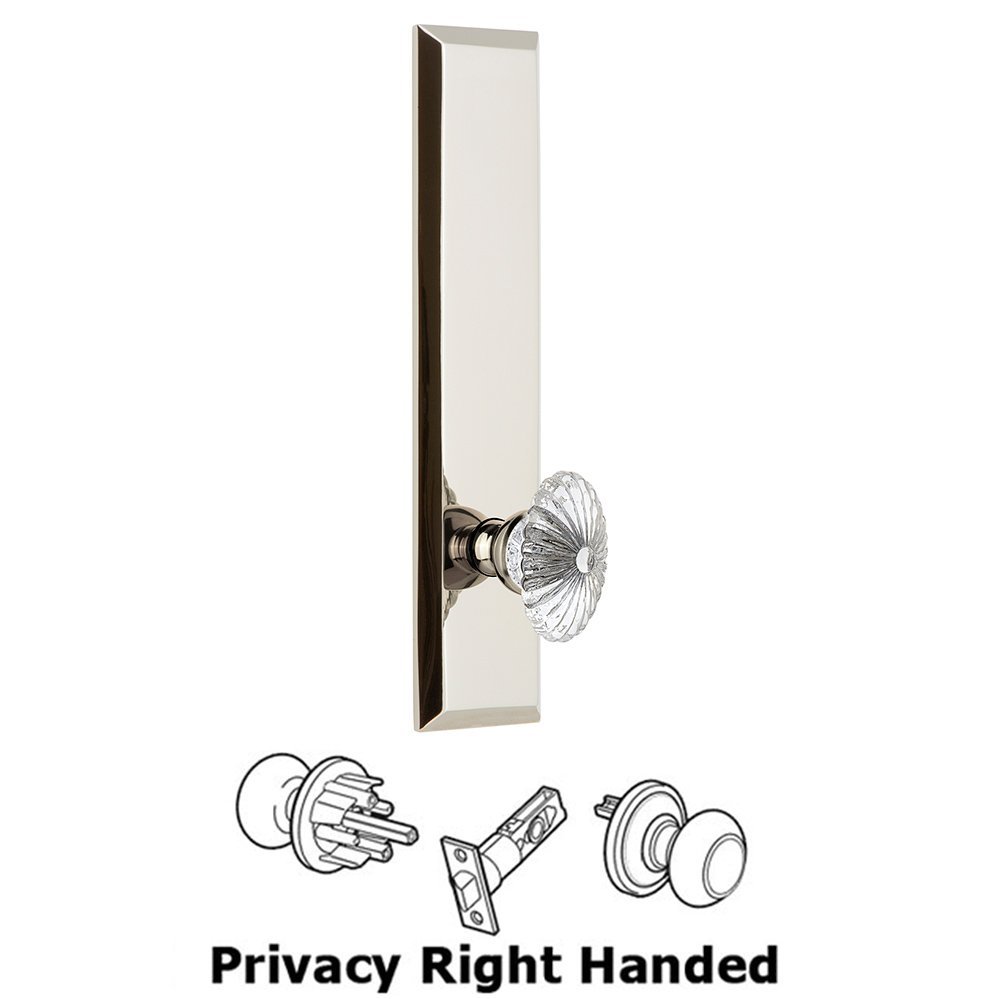 Privacy Fifth Avenue Tall Plate with Burgundy Right Handed Knob in Polished Nickel