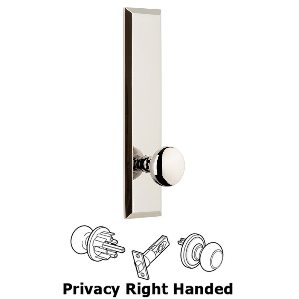Privacy Fifth Avenue Tall Plate with Right Handed Fifth Avenue Knob in Polished Nickel
