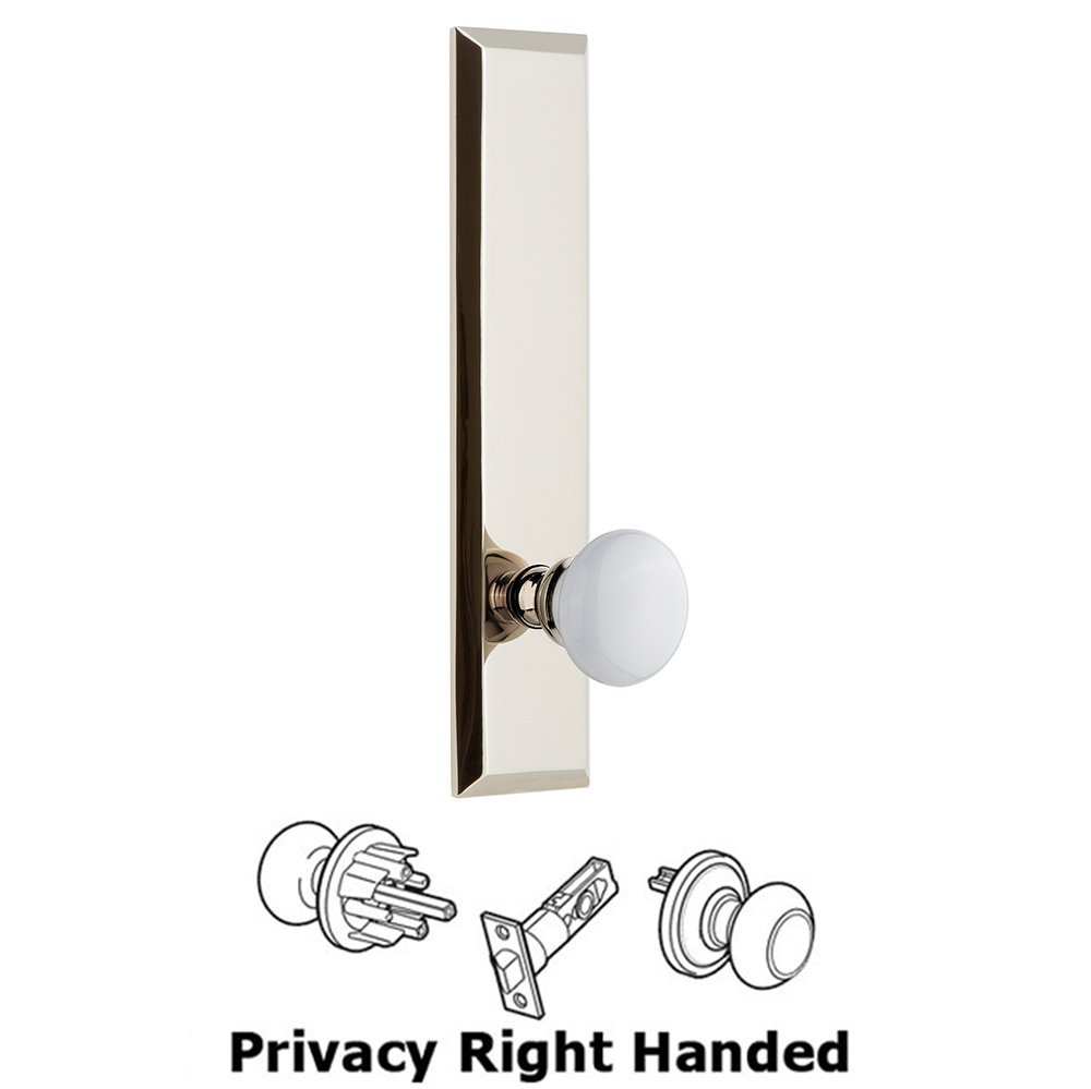 Privacy Fifth Avenue Tall Plate with Hyde Park Right Handed Knob in Polished Nickel
