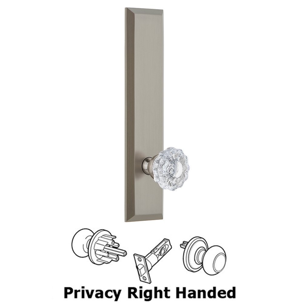 Privacy Fifth Avenue Tall Plate with Versailles Right Handed Knob in Satin Nickel