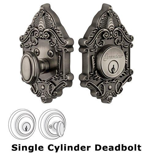 Grandeur Single Cylinder Deadbolt with Grande Victorian Plate in Antique Pewter