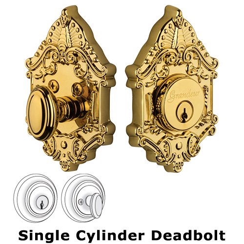 Grandeur Single Cylinder Deadbolt with Grande Victorian Plate in Lifetime Brass