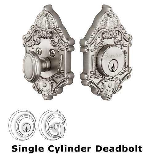 Grandeur Single Cylinder Deadbolt with Grande Victorian Plate in Satin Nickel