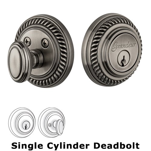 Grandeur Single Cylinder Deadbolt with Newport Plate in Antique Pewter