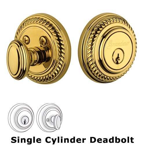 Grandeur Single Cylinder Deadbolt with Newport Plate in Lifetime Brass