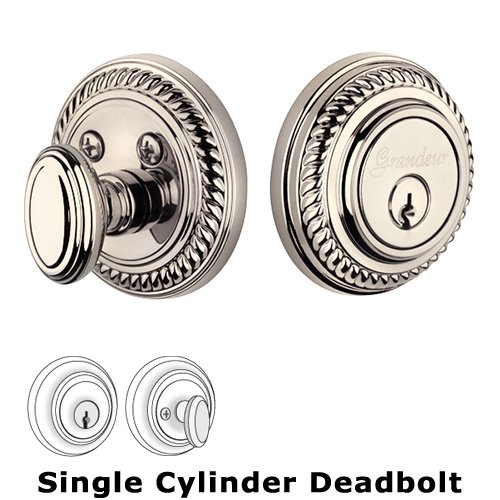 Grandeur Single Cylinder Deadbolt with Newport Plate in Polished Nickel