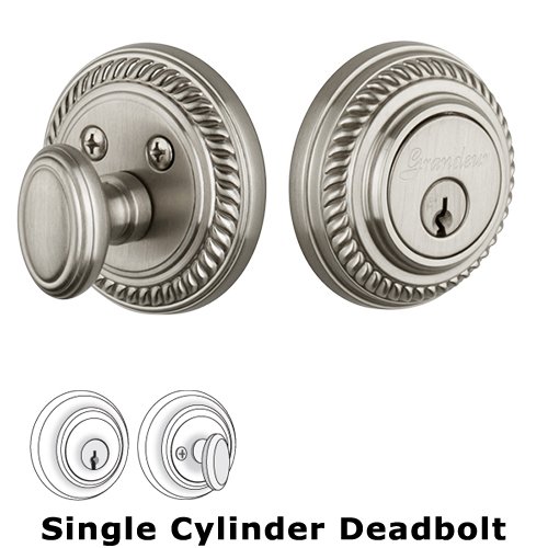 Grandeur Single Cylinder Deadbolt with Newport Plate in Satin Nickel