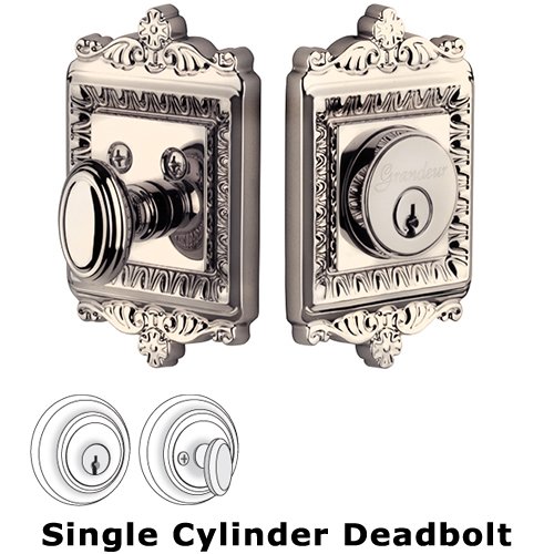Grandeur Single Cylinder Deadbolt with Windsor Plate in Polished Nickel