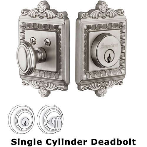 Grandeur Single Cylinder Deadbolt with Windsor Plate in Satin Nickel