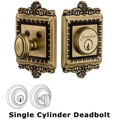 Grandeur Single Cylinder Deadbolt with Windsor Plate in Vintage Brass