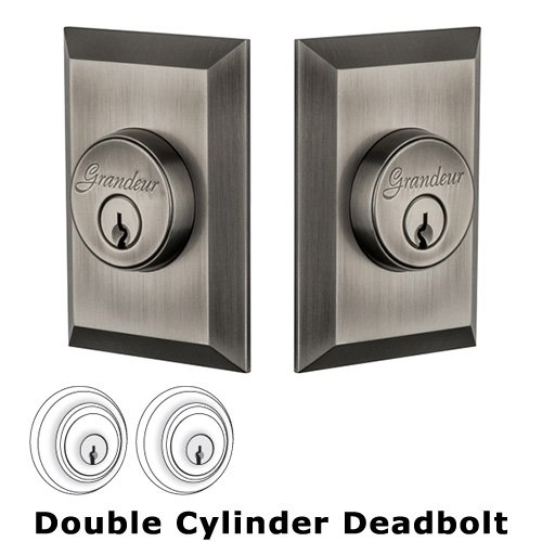 Grandeur Double Cylinder Deadbolt with Fifth Avenue Plate in Antique Pewter