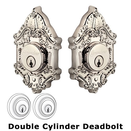 Grandeur Double Cylinder Deadbolt with Grande Victorian Plate in Polished Nickel