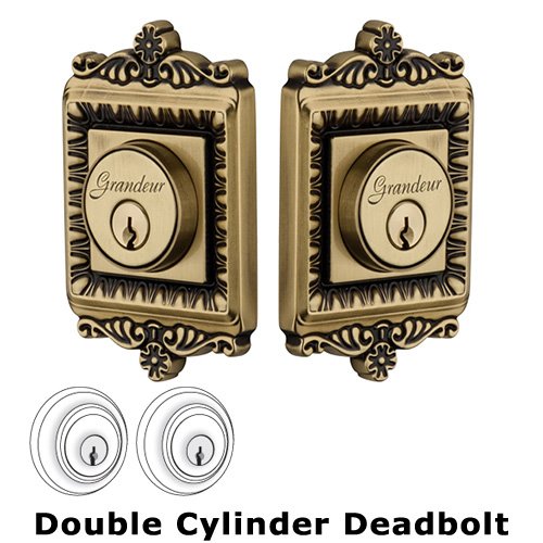 Grandeur Double Cylinder Deadbolt with Windsor Plate in Vintage Brass
