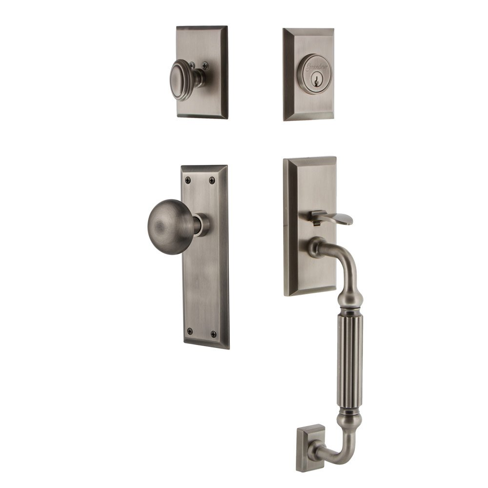 Fifth Avenue Plate F Grip Entry Set Fifth Avenue Knob in Antique Pewter