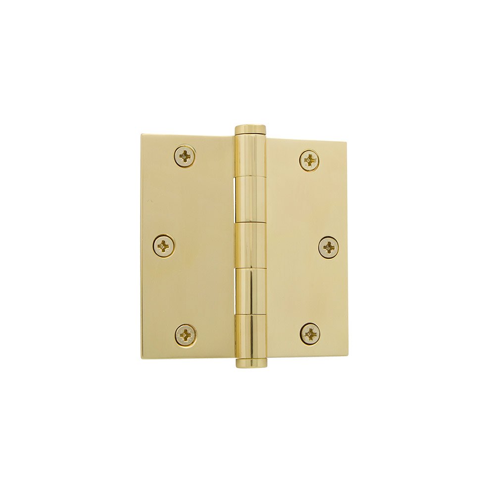 3 1/2" Button Tip Residential Hinge with Square Corners in Polished Brass