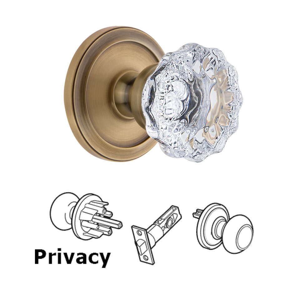 Grandeur Circulaire Rosette Privacy with Fontainebleau Crystal Knob in Vintage Brass