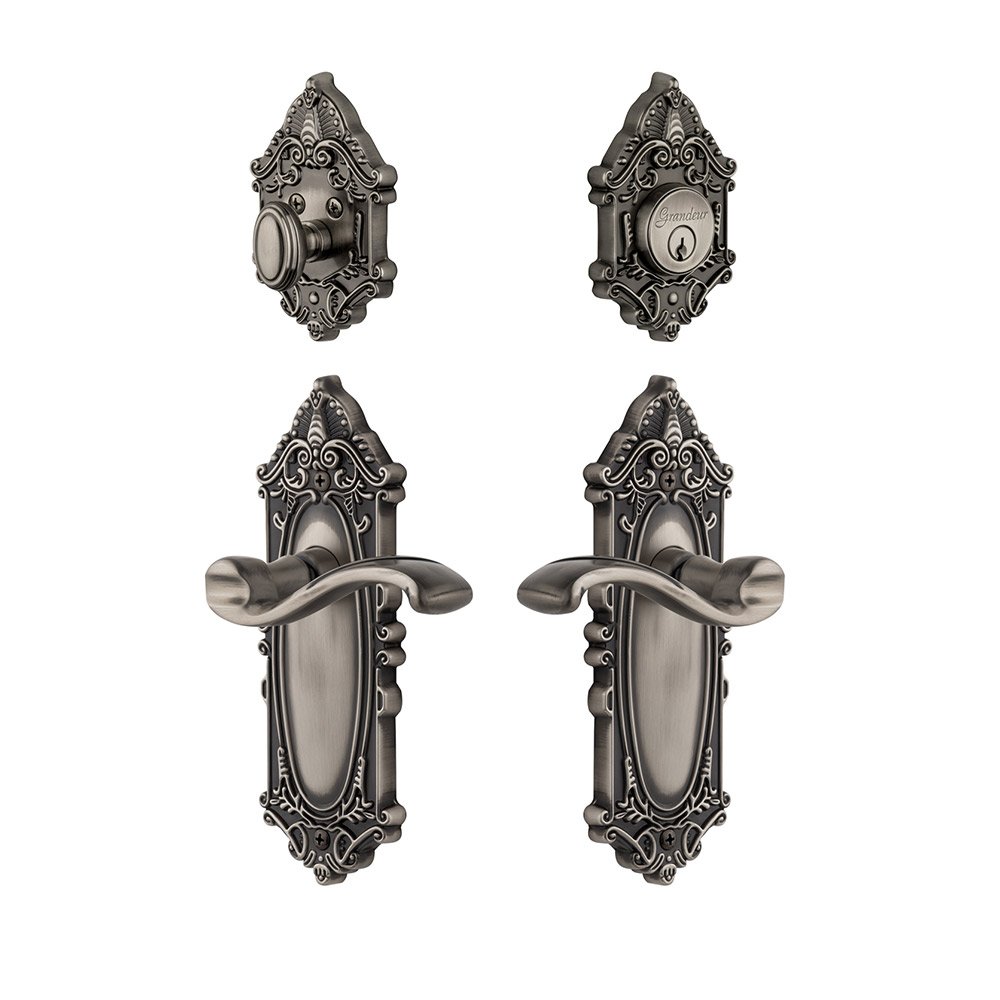 Handleset - Grande Victorian Plate With Portfino Lever & Matching Deadbolt In Antique Pewter